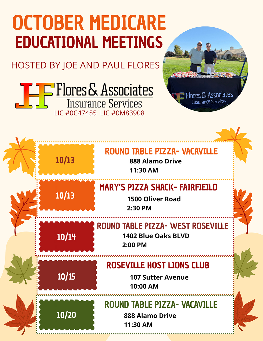 Flyer for October Medicare educational meetings hosted by Flores & Associates, listing five events with dates, locations, and times in October.