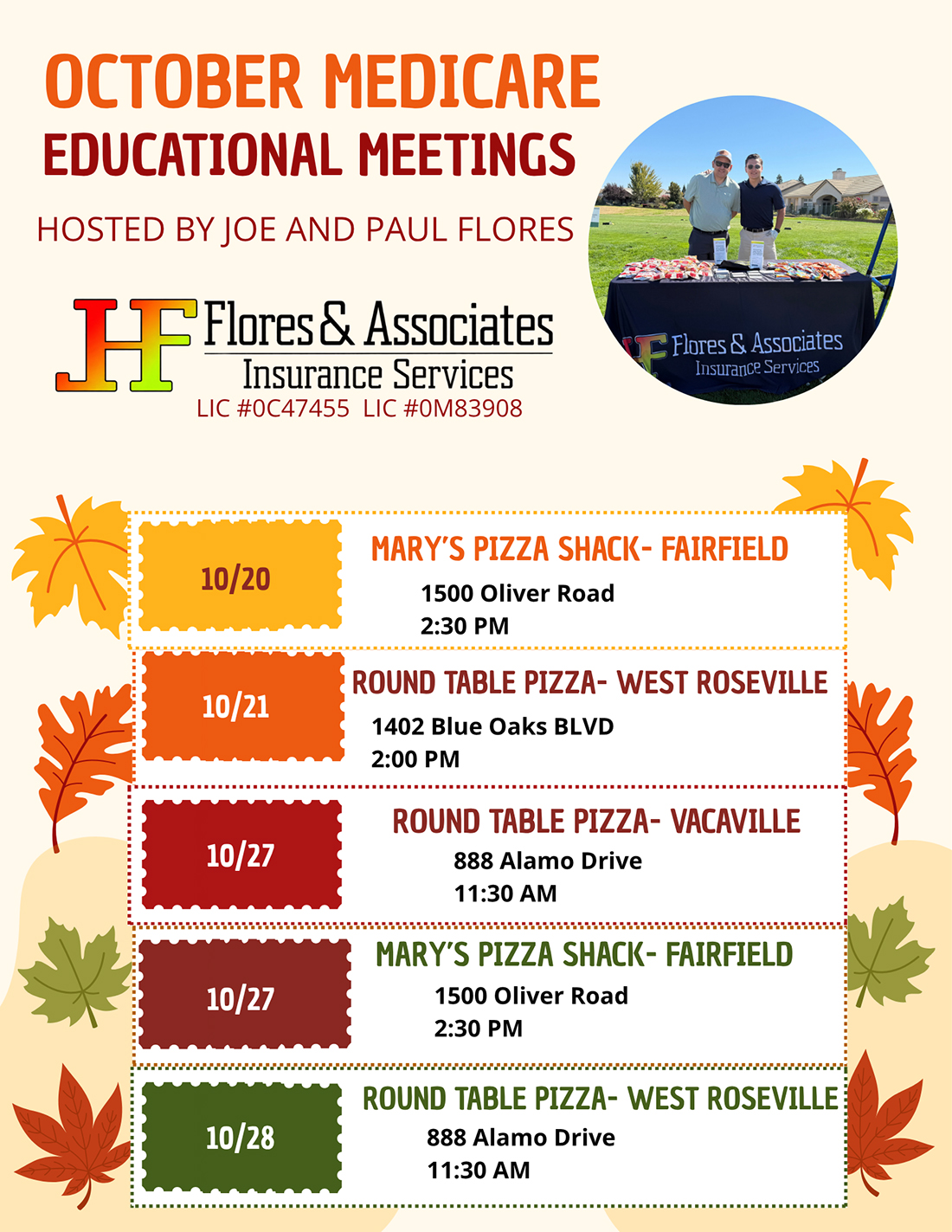 Flyer for October Medicare educational meetings hosted by Flores & Associates, listing five events with dates, locations, and times in October.